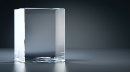 A clear glass block sits on a gray surface.