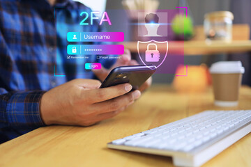 Fototapeta premium Cyber security access 2fa two factor authentication concept. User holding smartphone face scanning to verify biometric identification in second step to system protection by username password.