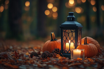 Autumnal Still Life Pumpkins, Lantern, Candles, and Fall Leaves in Forest