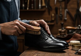 Fototapeta premium Close-Up of Shoemaker Polishing Black Leather Brogues in Traditional Workshop for Craftsmanship Ads, Shoe Care Campaigns, and Artisan Product Promotions