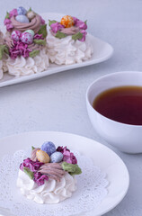 Marshmallow dessert for Easter on a light background