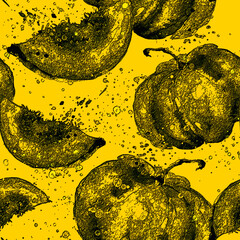 Watercolor, vintage seamless pattern with the image of a pumpkin.orange watercolor.Background for Halloween. Packing for pumpkin juice, puree. Autumn background.Piece, slice of pumpkin with seeds