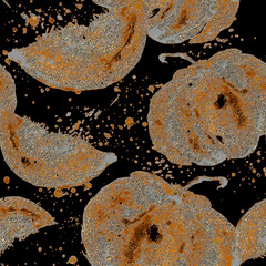 Watercolor, vintage seamless pattern with the image of a pumpkin.orange watercolor.Background for Halloween. Packing for pumpkin juice, puree. Autumn background.Piece, slice of pumpkin with seeds