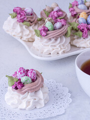 Marshmallow dessert for Easter on a light background