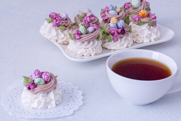 Marshmallow dessert for Easter on a light background