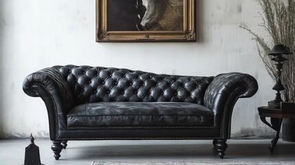 Luxury black leather sofa in classic interior