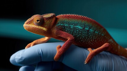 Obraz premium Vibrant colorful chameleon perching on gloved hand in studio