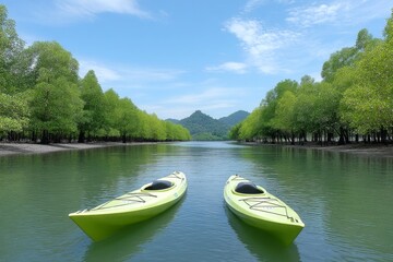 Obraz premium Kayaking through mangroves and limestone cliffs in Phang Nga Bay