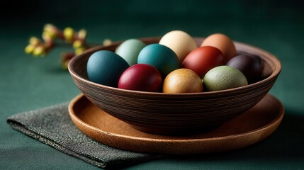 Festive colorful Easter eggs displayed in wooden bowl on green background