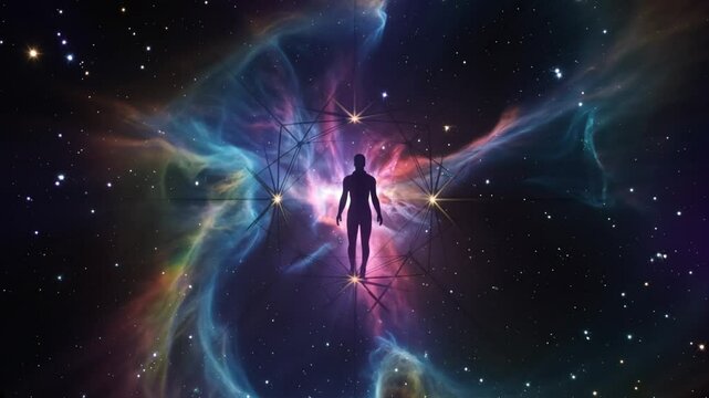 Human figure silhouette ascending spiritually within geometric nebula representing universal connection against space background