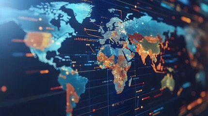Global data visualization overlaying a world map.