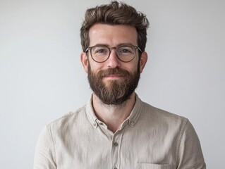 Obraz premium Portrait of a bearded man with glasses looking directly at the camera with a neutral expression against a plain neutral wall background.