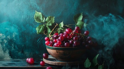 Bowl of ripe cherries with blue moody background
