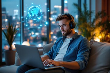 Focused man wearing headphones using laptop with digital globe hologram, modern creative style, indoors with night city view background, concept of global business. Ai generative