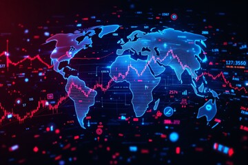 Digital world map with financial graphs, glowing futuristic style, on a dark background. Concept of global economy, finance, and business data. Ai generative
