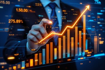 Businessman interacting with glowing financial bar charts and data graphics, futuristic creative style, digital blue background, concept of business growth. Ai generative