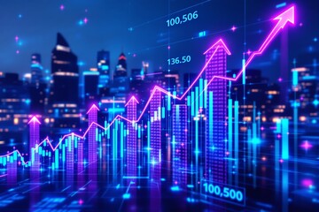 Glowing financial chart with ascending arrow and bar graph in neon colors, futuristic digital style on cityscape background. Concept of business growth. Ai generative