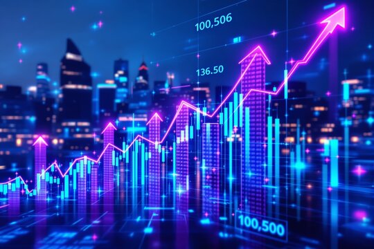 Glowing financial chart with ascending arrow and bar graph in neon colors, futuristic digital style on cityscape background. Concept of business growth. Ai generative