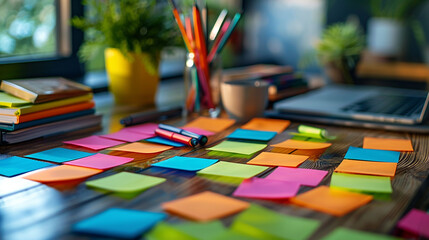 Brainstorming Session In Progress With Multi-Colored Post-Its Forming A Business Plan Roadmap On Oak Table, Soft Daylight, Minimal Clutter, Copy Space Top Center