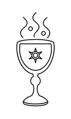 Black And White Line Art Of A Chalice Filled With Steaming Liquid And Star Symbol
