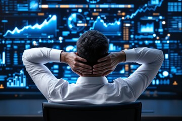 Man in white shirt viewing futuristic data dashboard, creative digital style, with dynamic charts and graphs on a dark background. Ai generative