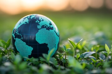 Earth globe in lush green grass at sunrise