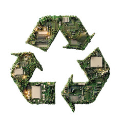 Png of A vibrant, green recycling symbol composed of circuit boards and electronic components, symbolizing eco-friendly technology.