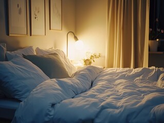 Cozy bedroom with rumpled white bedding illuminated by a bedside lamp, creating a warm, inviting atmosphere for rest and relaxation.