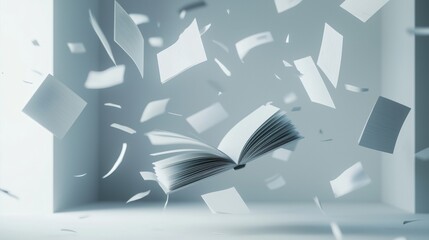 Fototapeta premium Floating book and scattered pages create a dreamy atmosphere in a minimalist setting