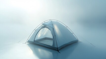 Tent set up on a tranquil, foggy landscape during early morning hours away from city lights