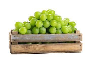 Fresh green grapes in a rustic wooden crate on a white surface, fruit, grapes