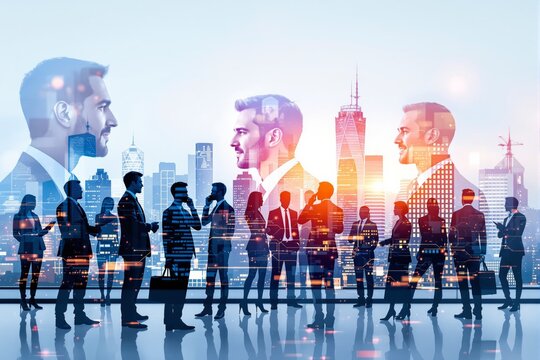 Business people silhouettes networking in front of a city skyline with double exposure effect and digital elements on a sunrise background. Ai generative