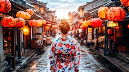 Obraz premium Asian woman in kimono, gazing down a lantern-lined street.