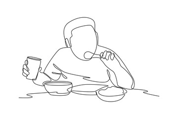 One single line drawing of Individuals gorge on heaps of food in mukbang streams. Food vlogger minimalist concept. Food reviewer.