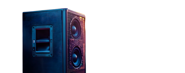 Vibrant speakers at an outdoor music festival with a blurred crowd in the background.