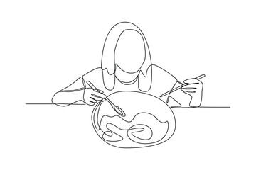 One single line drawing of food vlogger performers relish in eating vast amounts of food online. Food vlogger minimalist concept. Food reviewer.