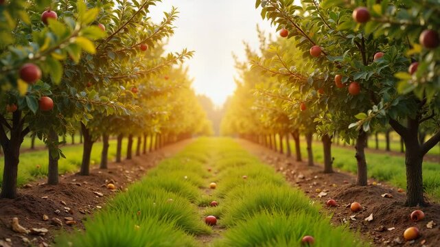 Serene apple orchard at sunset with glowing sunlight  