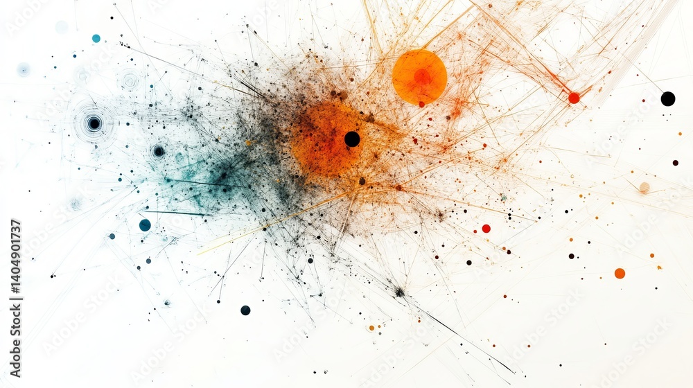 Poster abstract rendering with colorful circles and lines on a white background creating a complex design