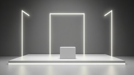 A minimalist white stage with a cube and three glowing lines.