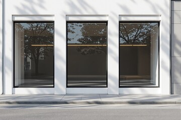 Large glass windows of a modern white commercial building facade, realistic style, with shadows of trees on the pavement, concept of business space, Ai generative