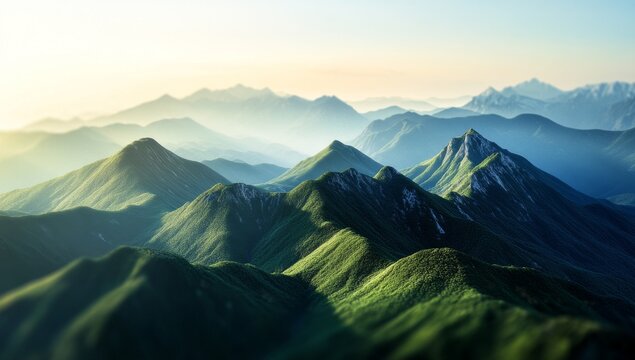 Majestic mountain range at sunrise. Lush green peaks, hazy atmosphere