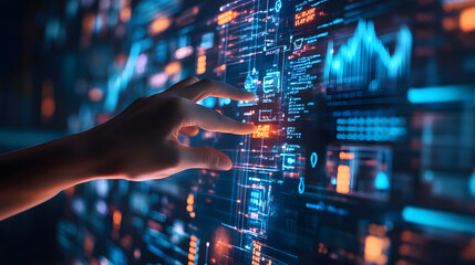 Navigating Digital Frontiers: A close-up shot captures a hand interacting with a holographic interface. Bathed in an ethereal blue glow, the display showcases intricate data visualizations.
