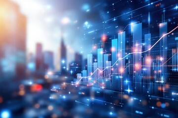 Fototapeta premium Business growth chart with glowing bars and lines over creative digital city background, futuristic style, concept of financial success. Ai generative