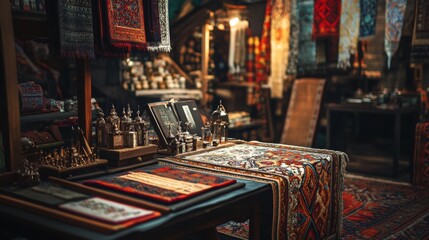 Traditional textile market with carpets and woven goods