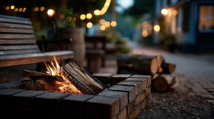 Cozy evening campfire in backyard brick firepit
