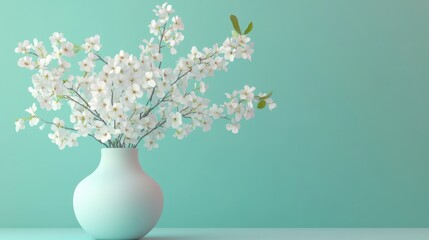 Blooming cherry tree branch in vase on turquoise background