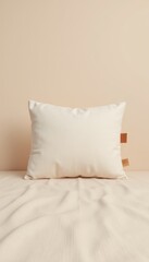 Obraz premium Soft white cushion on a minimalistic bed against a beige wall 