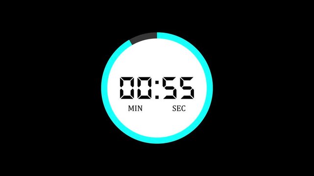 Digital countdown timer animation of 1 minutes on Black background, 1 minutes digital countdown timer animation