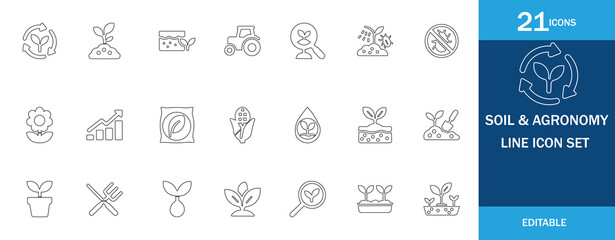 This Soil and Agronomy line icon set features 21 editable vector icons including plants, soil layers, tools, seeds, irrigation, and eco elements—ideal for agriculture, farming, and gardening designs