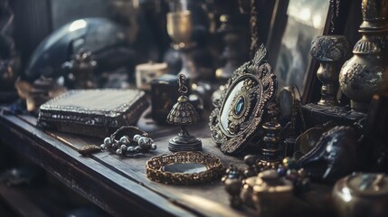 Vintage desk with pocket watch, compass, and classic objects